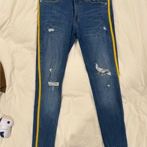 Express Women's Blue Skinny Jeans with Yellow Stripe